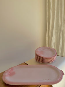 Set of 10 Vintage Fish Shaped Pink Mélusine Plates with Large Fish Serving Platter