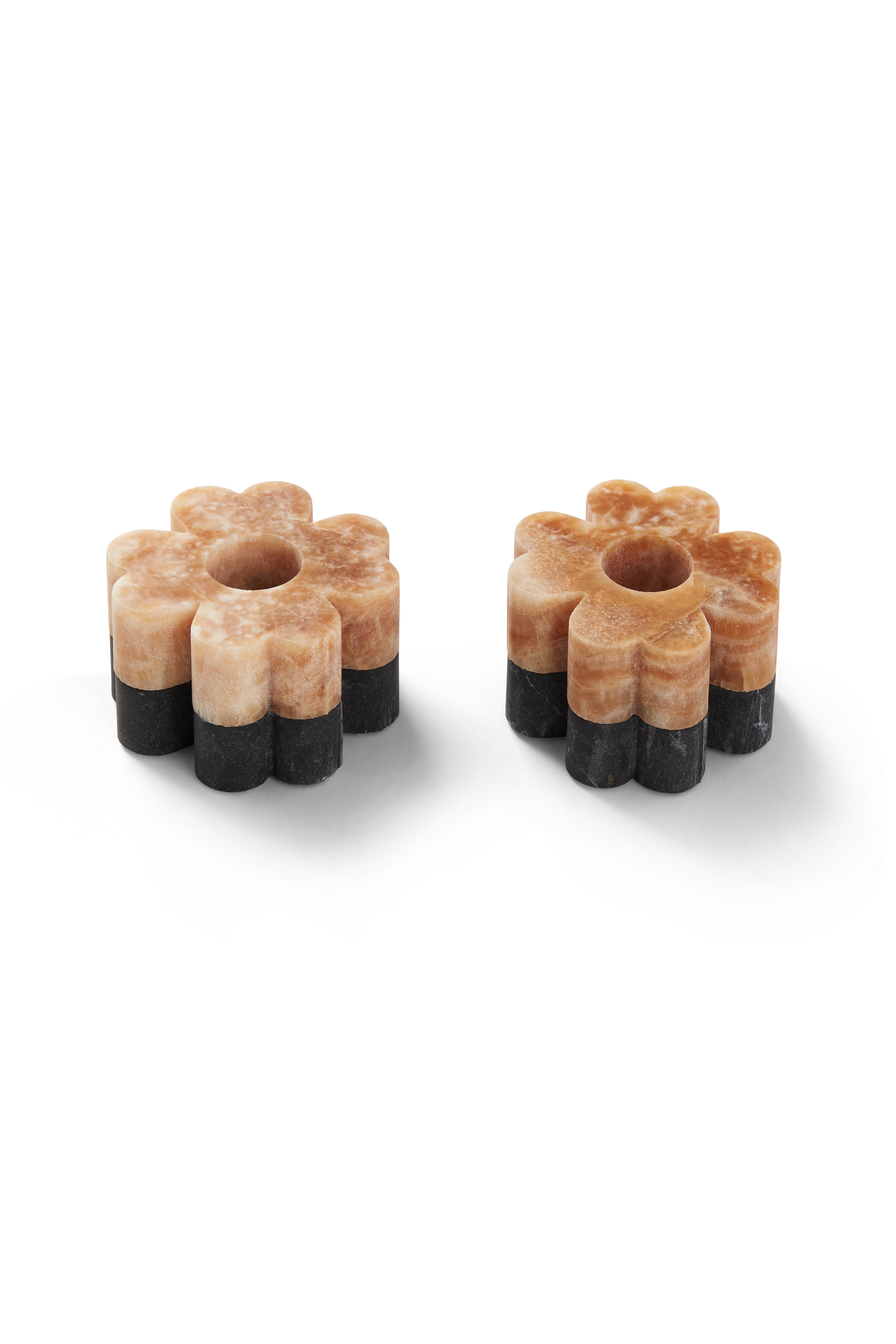 Pair of Caramel Onyx & Black Marble Clover Candleholders | BRANIK