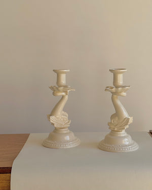 Vintage Leedsware Creamware Dolphin Candlesticks