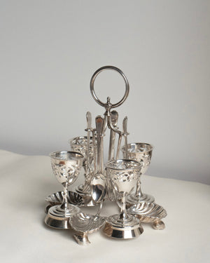 Antique Silver Plated Egg Cruet w/ Shell Detailing & Four Egg Cups & Spoons