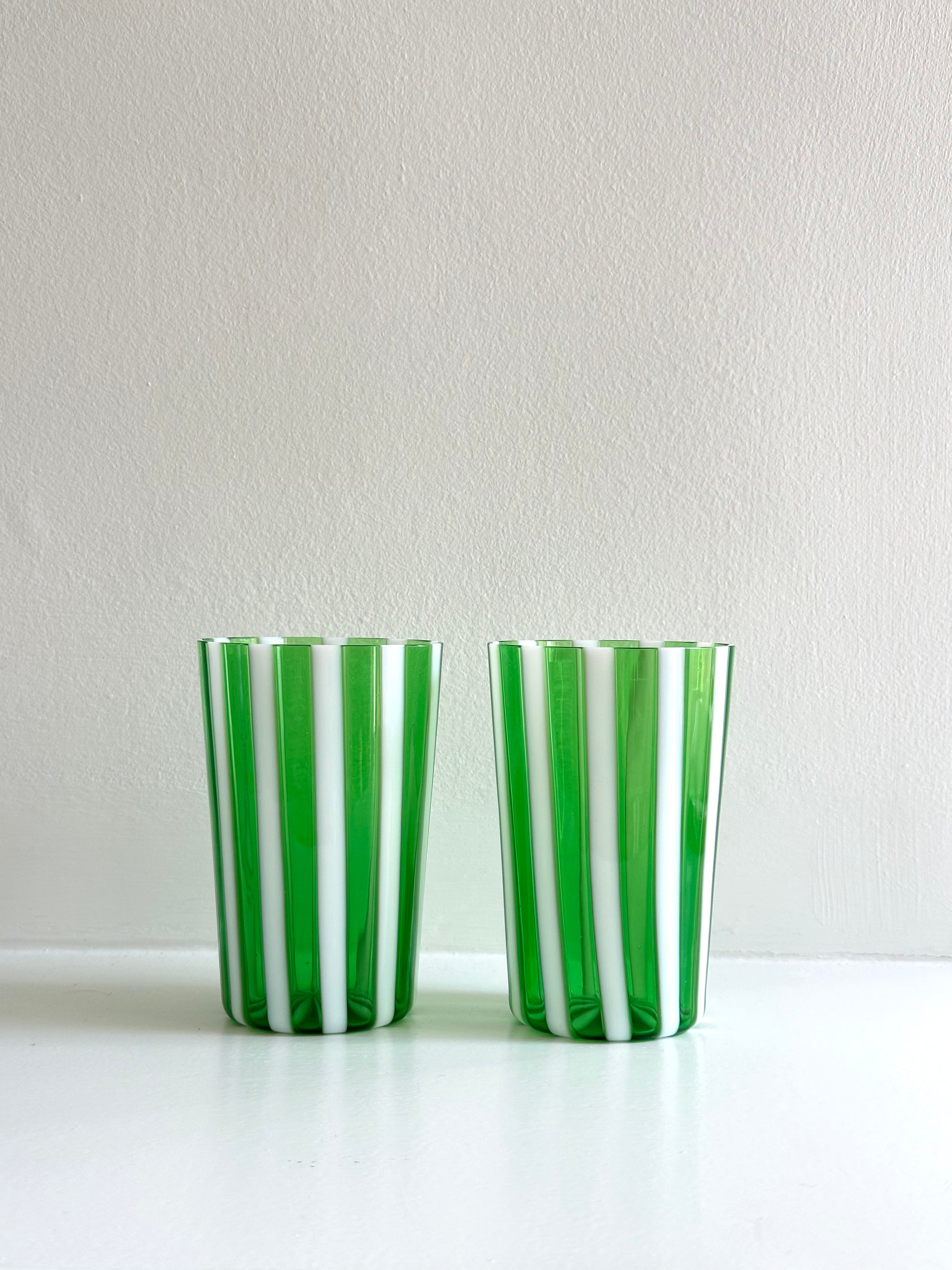 Green Candy Stripe Handblown Murano Gio Ponti ‘A Canne’ Style Italian Glass