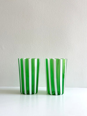 Green Candy Stripe Handblown Murano Gio Ponti ‘A Canne’ Style Italian Glass