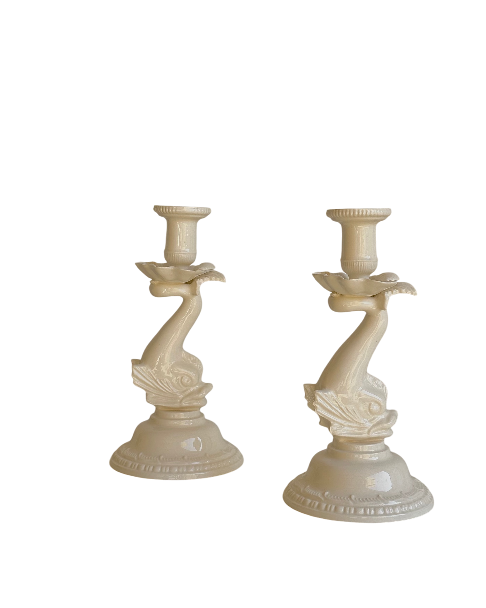 Vintage Leedsware Creamware Dolphin Candlesticks