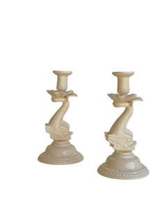 Vintage Leedsware Creamware Dolphin Candlesticks