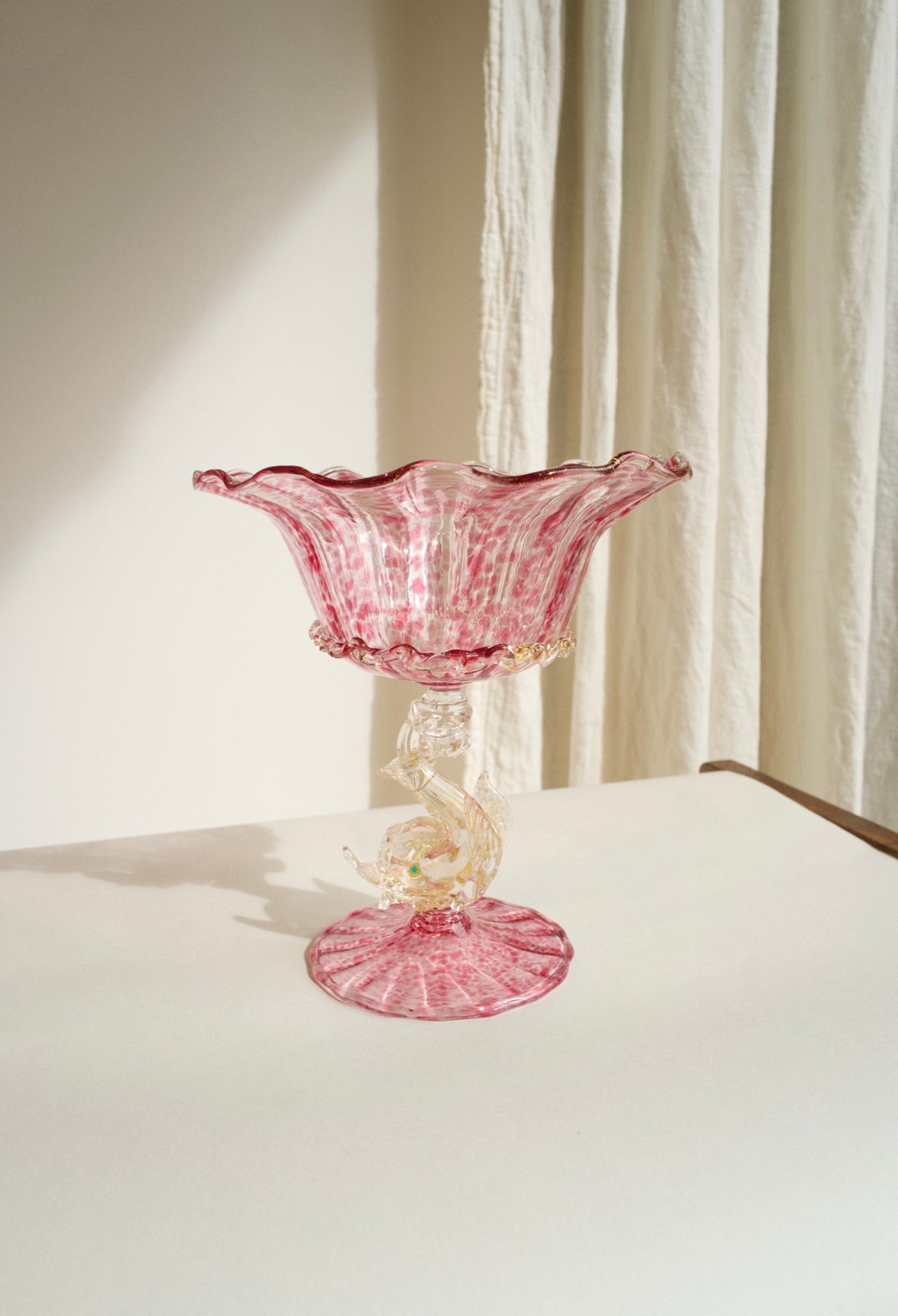 Vintage Handblown Venetian Murano Glass Pedestal / Centrepiece Bowl attributed to Salviati -  Pink Speckles w/ Gold Dolphin Stem