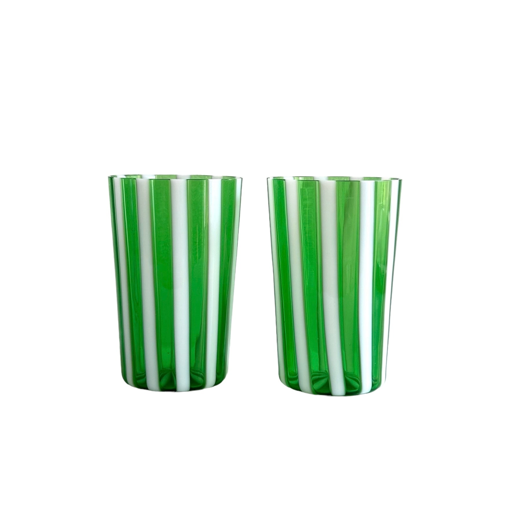 Green Candy Stripe Handblown Murano Gio Ponti ‘A Canne’ Style Italian Glass