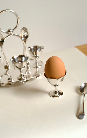 Antique c.1900 Silver Plate Egg Cruet Set for Four w/ Spoons