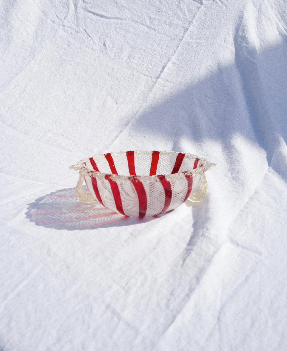 Vintage Murano Red & White Latticino Art Glass Bowl