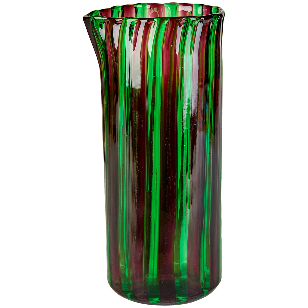 Aubergine and Green Stripe Handblown Murano Gio Ponti ‘A Canne’ Style Italian Carafe