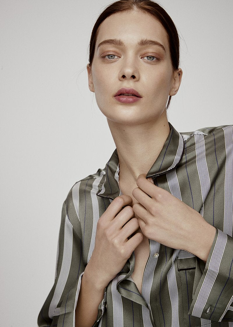 OLIVE STRIPE OVERSIZED SILK SHIRT