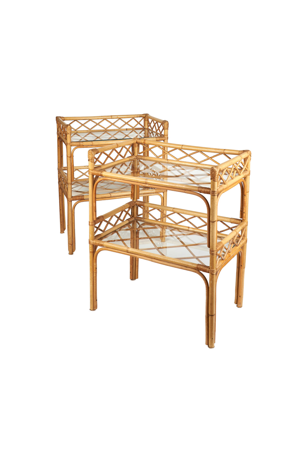 Pair of Vintage Bamboo, Rattan & Glass Side Tables