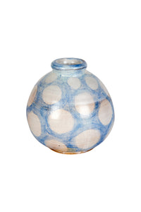 Blue Vintage Handmade Round Ceramic Vase with White Dots