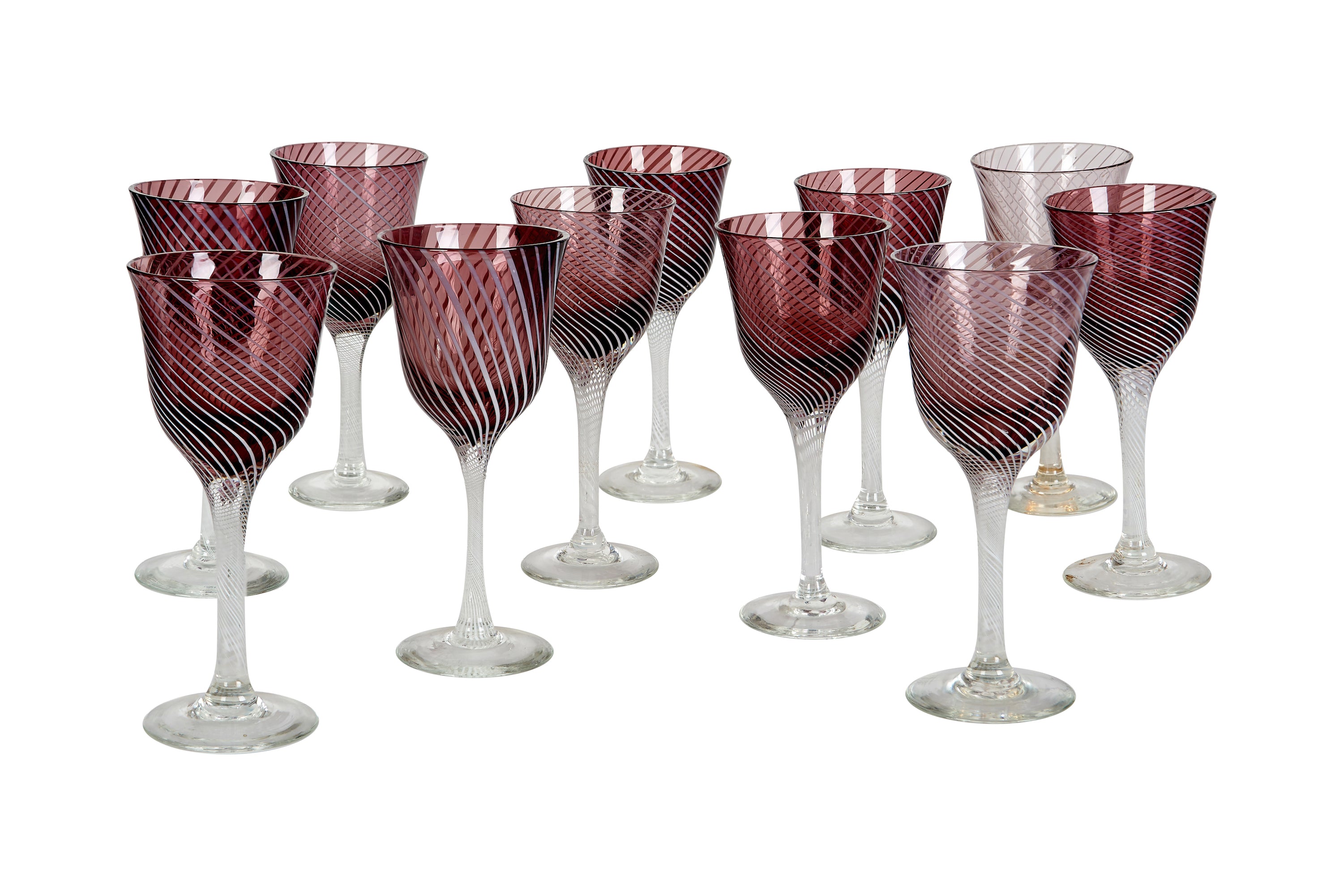 Set of 10 Vintage White & Purple Twist Wine Glasses