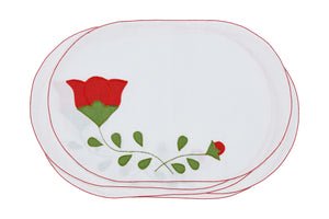 Set Of 4 Vintage Oval Cotton Placemats Red Rose Bud Applique Placemats