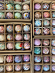 Set of 6 Jemma Lewis Hand Marbled Ceramic Baubles with Berisford velvet ribbon