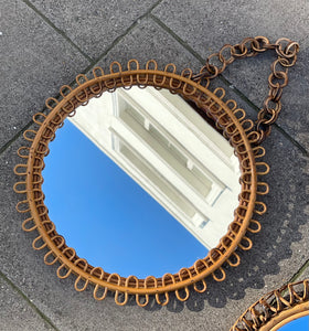 Vintage 50/60s Franco Albini Style Rattan Mirror with Chain