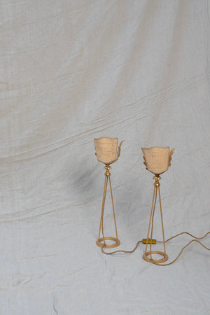 Pair of Vintage Woven and Gilded Metal Leaf Bedside Lamps