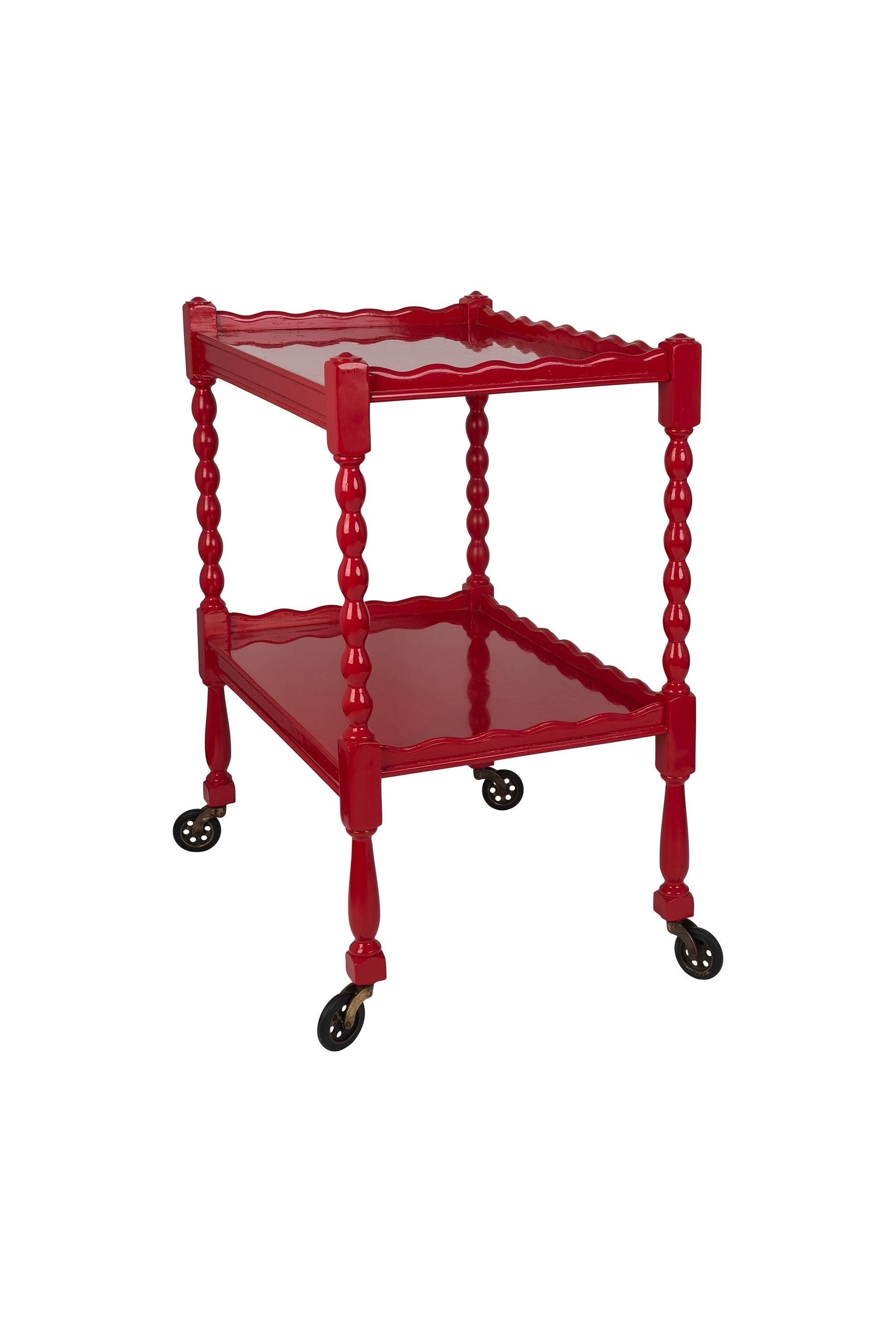Red Hand-Lacquered Vintage Scallop Edge Tea Trolley