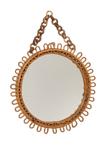 Vintage Round Rattan Mirror with chain Attributed to Franco Albini