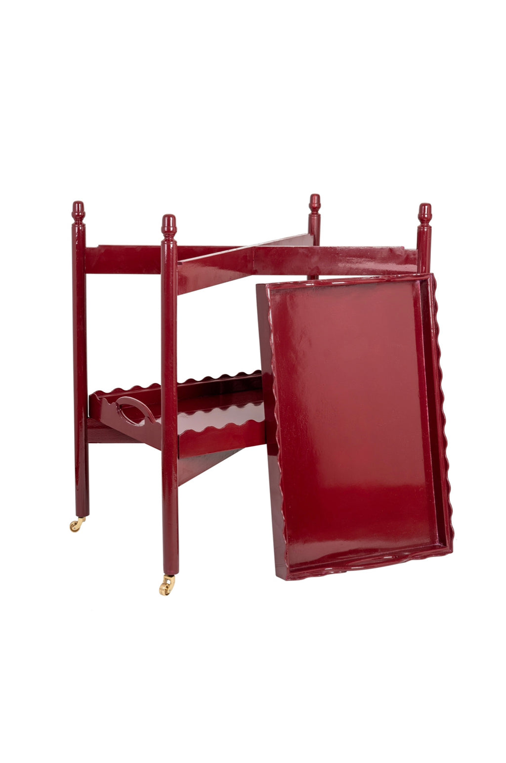 Vintage Burgundy Hand-Lacquered Scallop Edge Trolley (removable trays)
