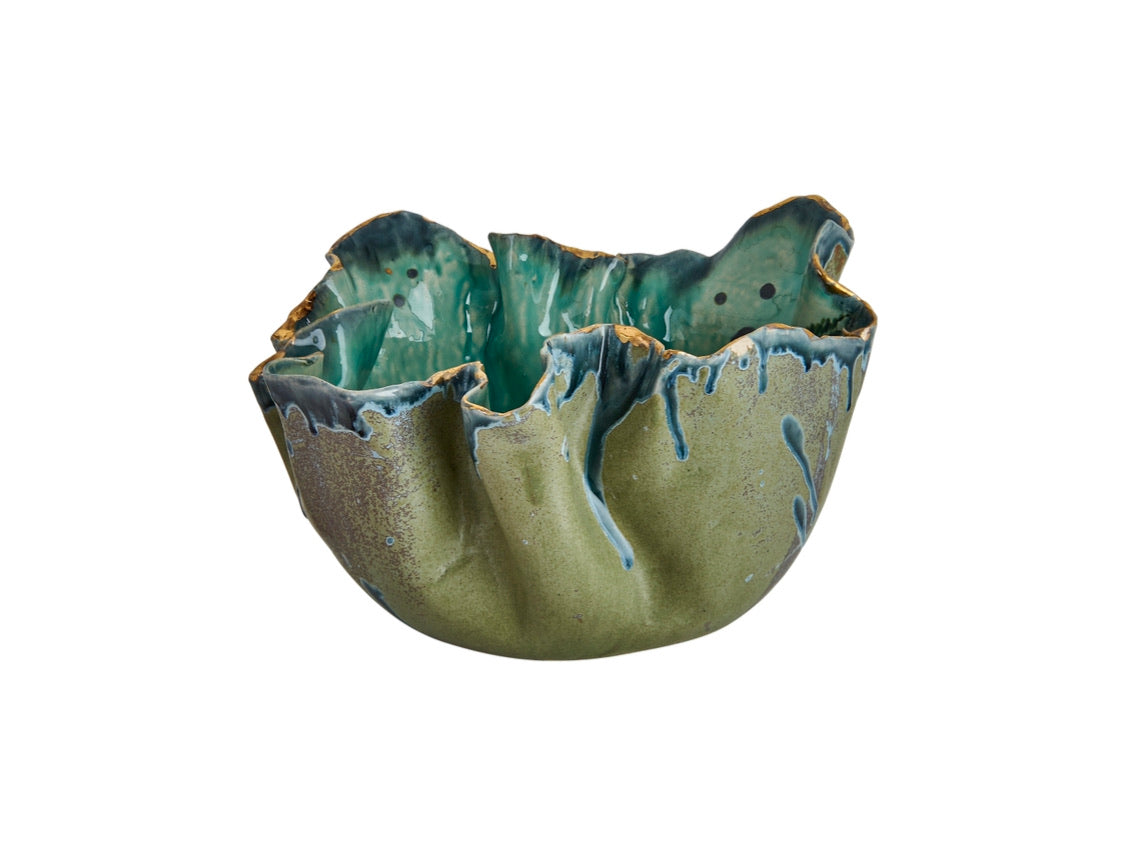 Aqua Porcelain Bowl with Fern and Gold Details by Deborah Brett