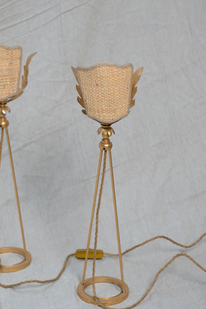 Pair of Vintage Woven and Gilded Metal Leaf Bedside Lamps