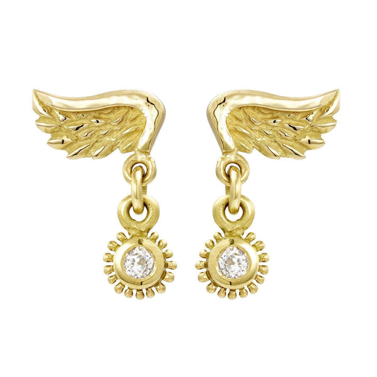 Gold Venetian Wing & Diamond Drop Earrings by Sophie Harley