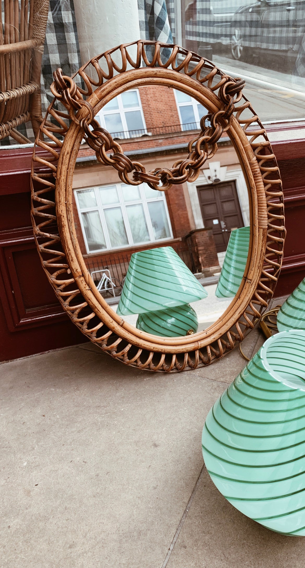 Vintage 1960s Rattan Oval Mirror with Chain