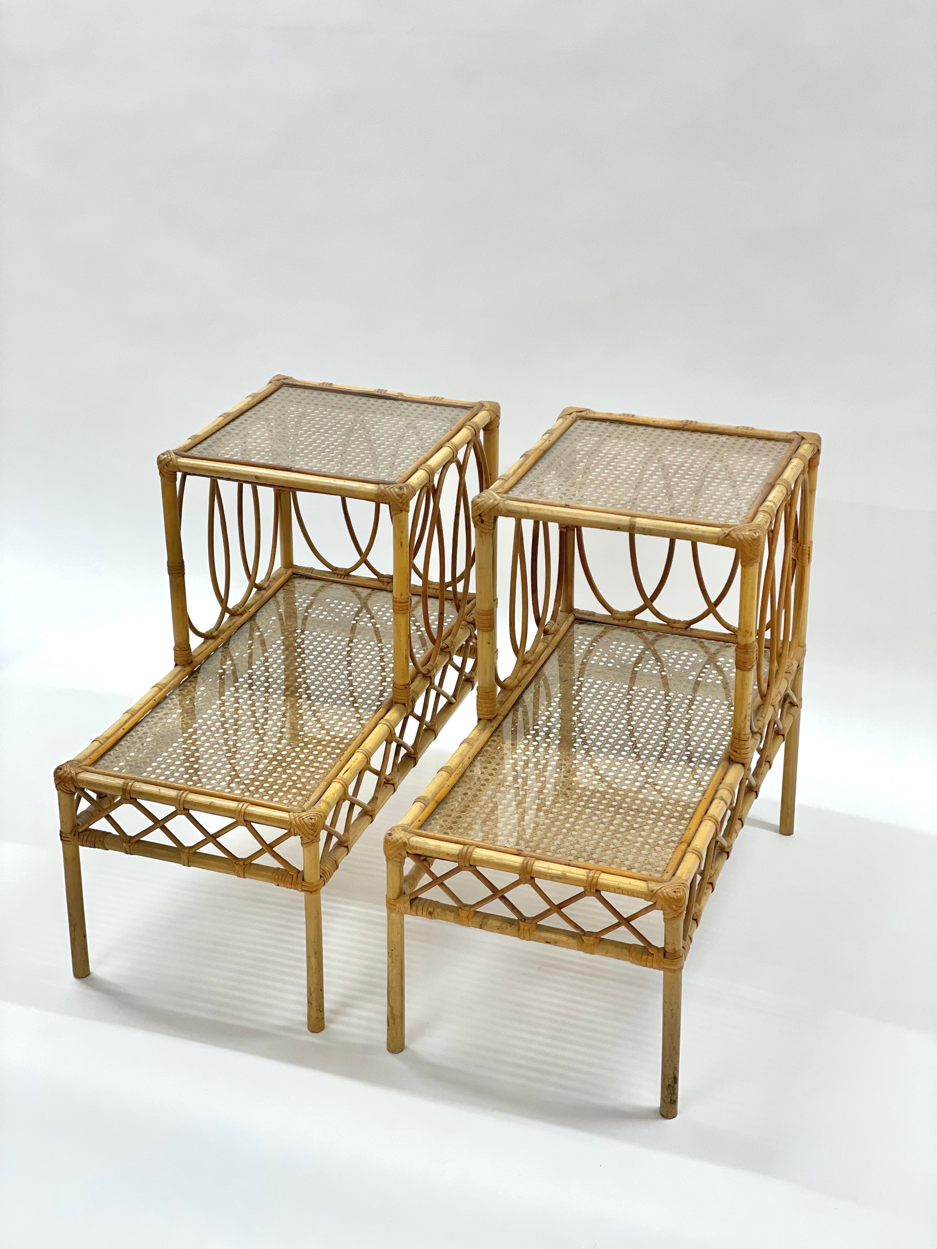PAIR OF VINTAGE RATTAN TWO-TIER BEDSIDE TABLES